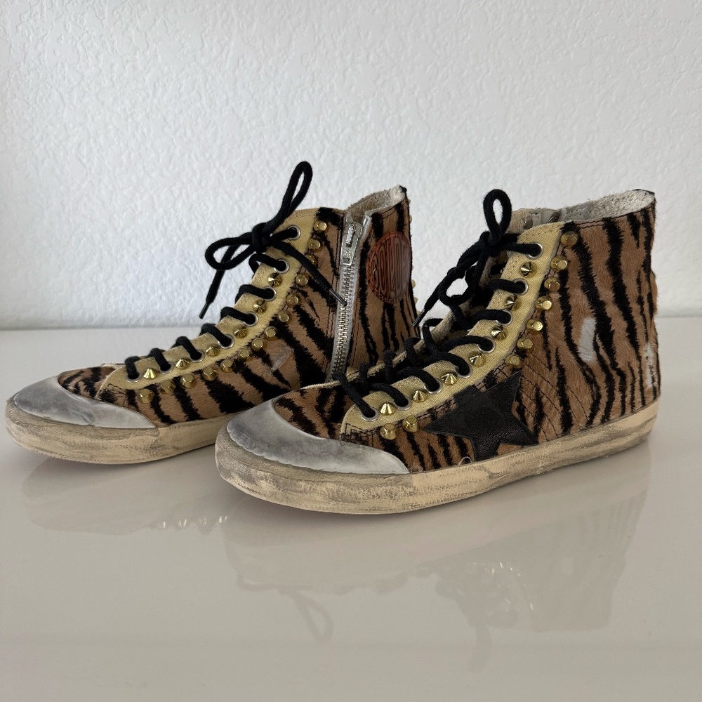Golden Goose Francy Sneaker - Tiger Print with Gold Stud Detailing, Size 37